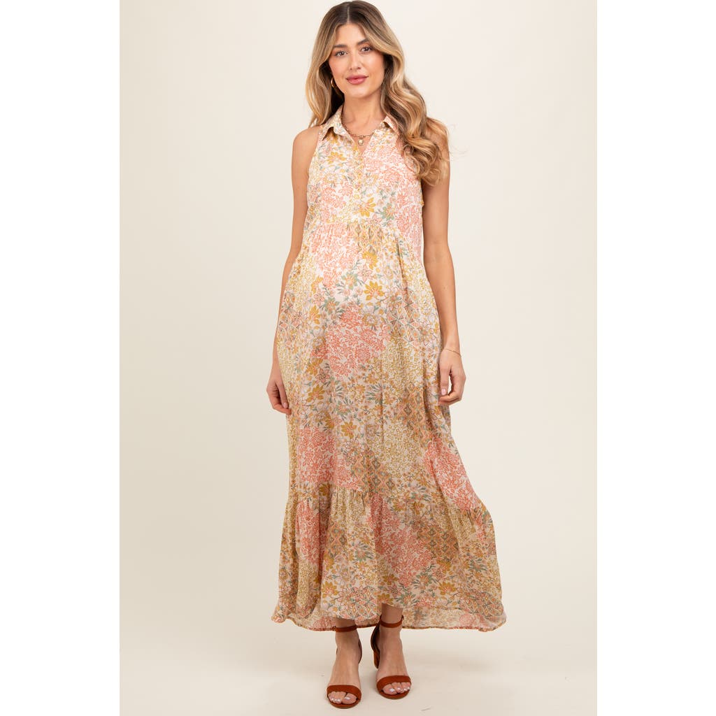 Pinkblush Floral Sleeveless Button Tiered Collared Maxi Dress In Neutral