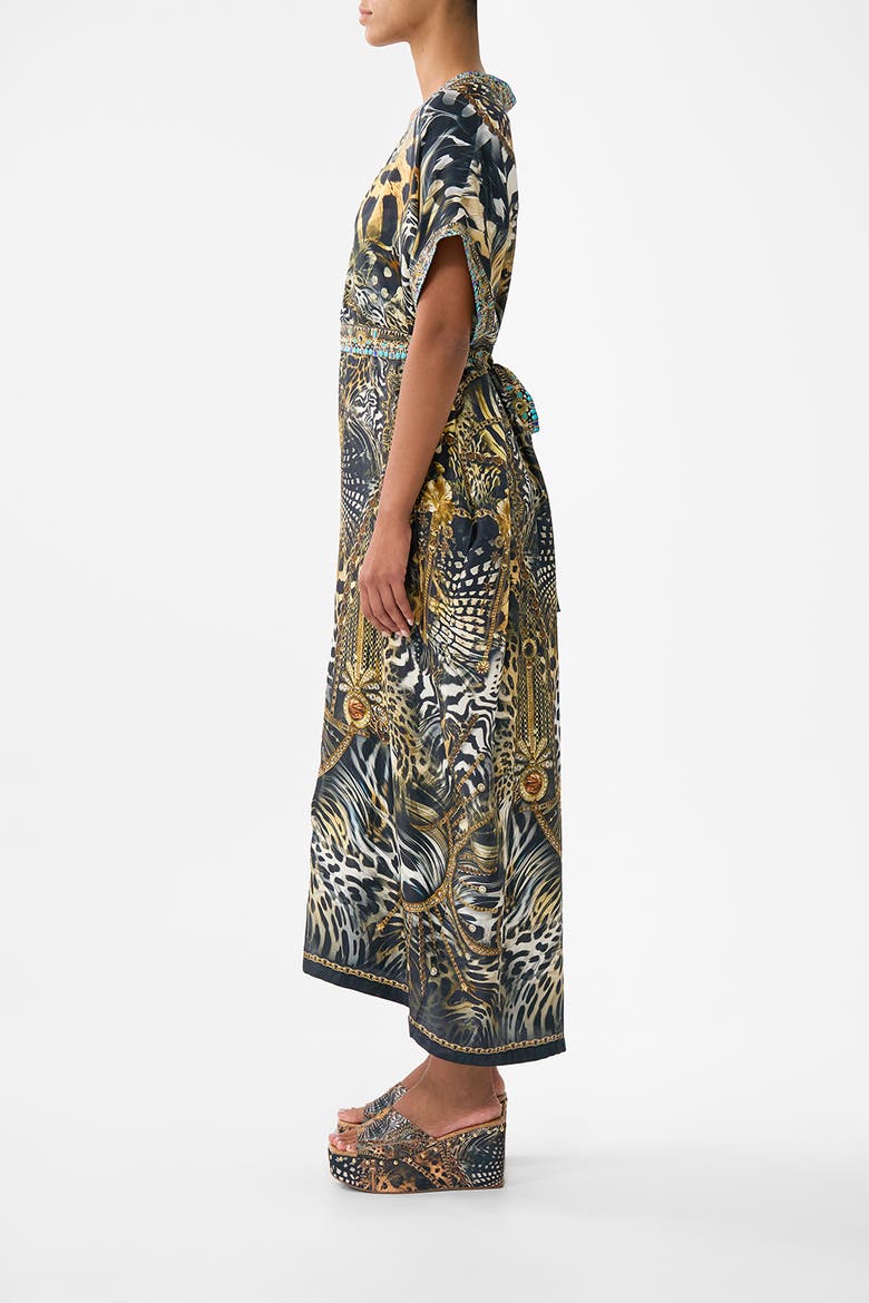Short Sleeve Kaftan With Tie Waist, Alternate, color, Feline Folklore