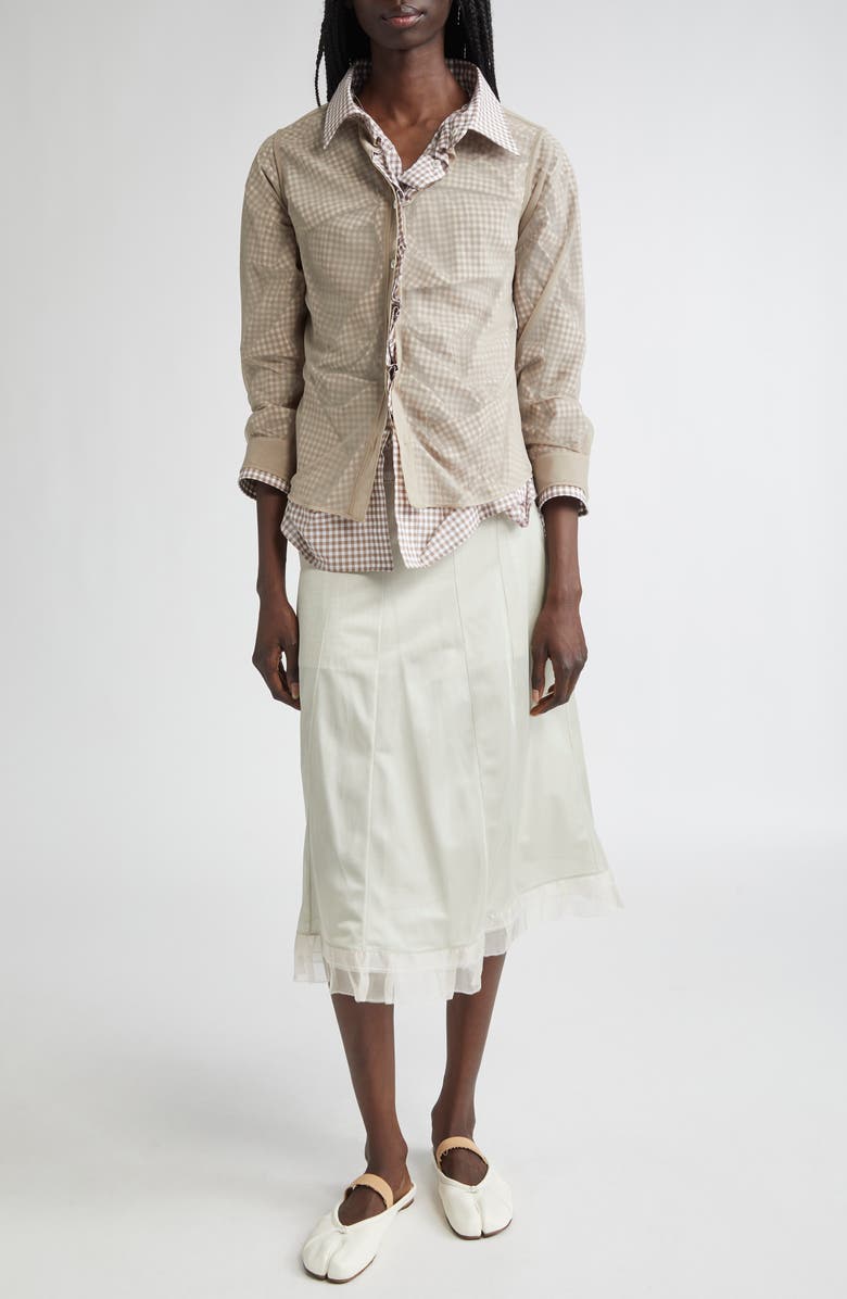 Maison Margiela Layered Mixed Media Button-Up Shirt, Alternate, color, Camel And Tan/ White