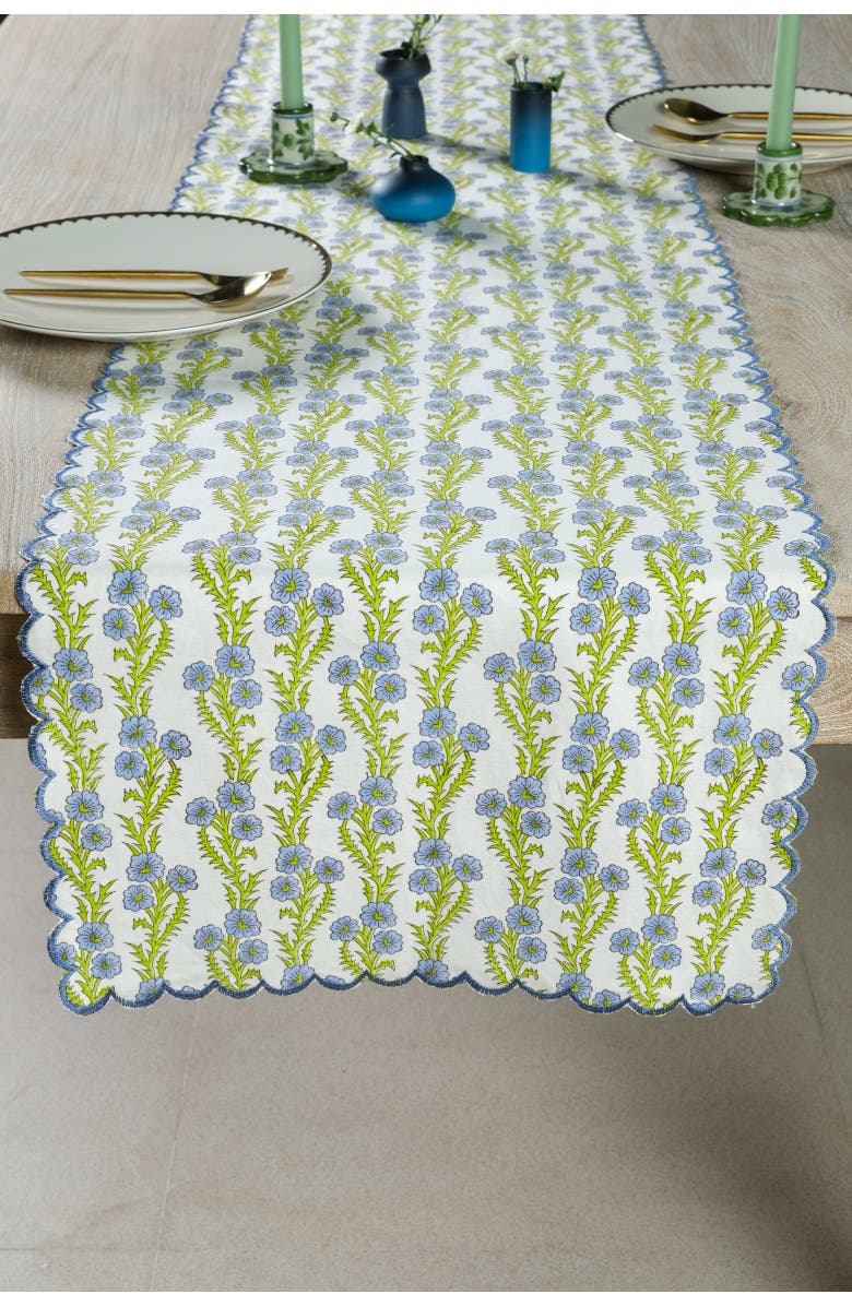 Inner Child Forget-Me-Not Scallop Embroidered Blockprint Tablerunner, Main, color, Red