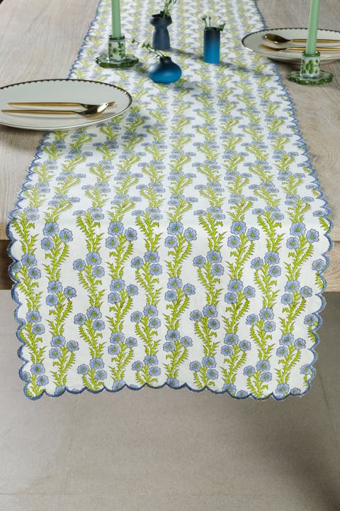 Forget-Me-Not Scallop Embroidered Blockprint Tablerunner
