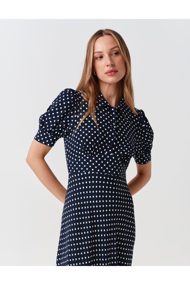 Wilma Fitted Waist Flared Dress, Alternate, color, Navy Spot