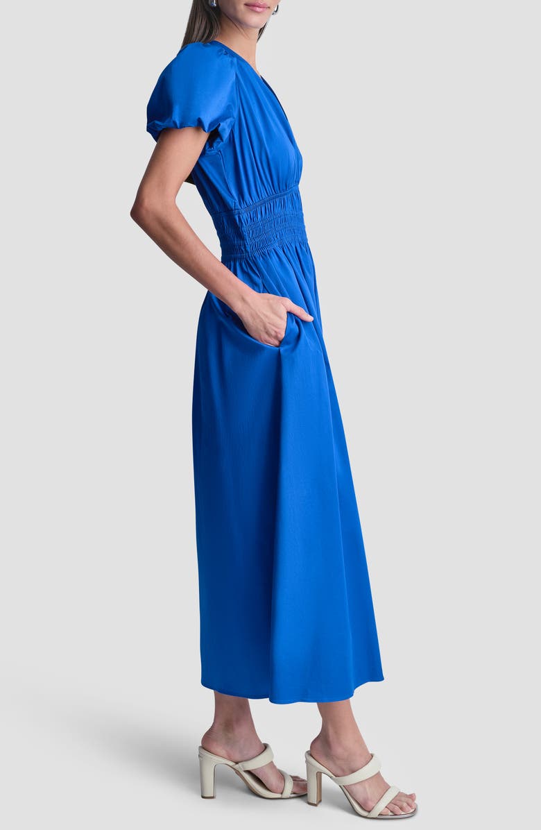 DKNY V-Neck Smocked Midi Dress, Alternate, color, Cobalt
