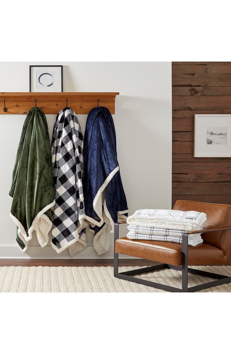 Eddie Bauer Vail Plaid Faux Shearling Throw Blanket, Alternate, color, Grey