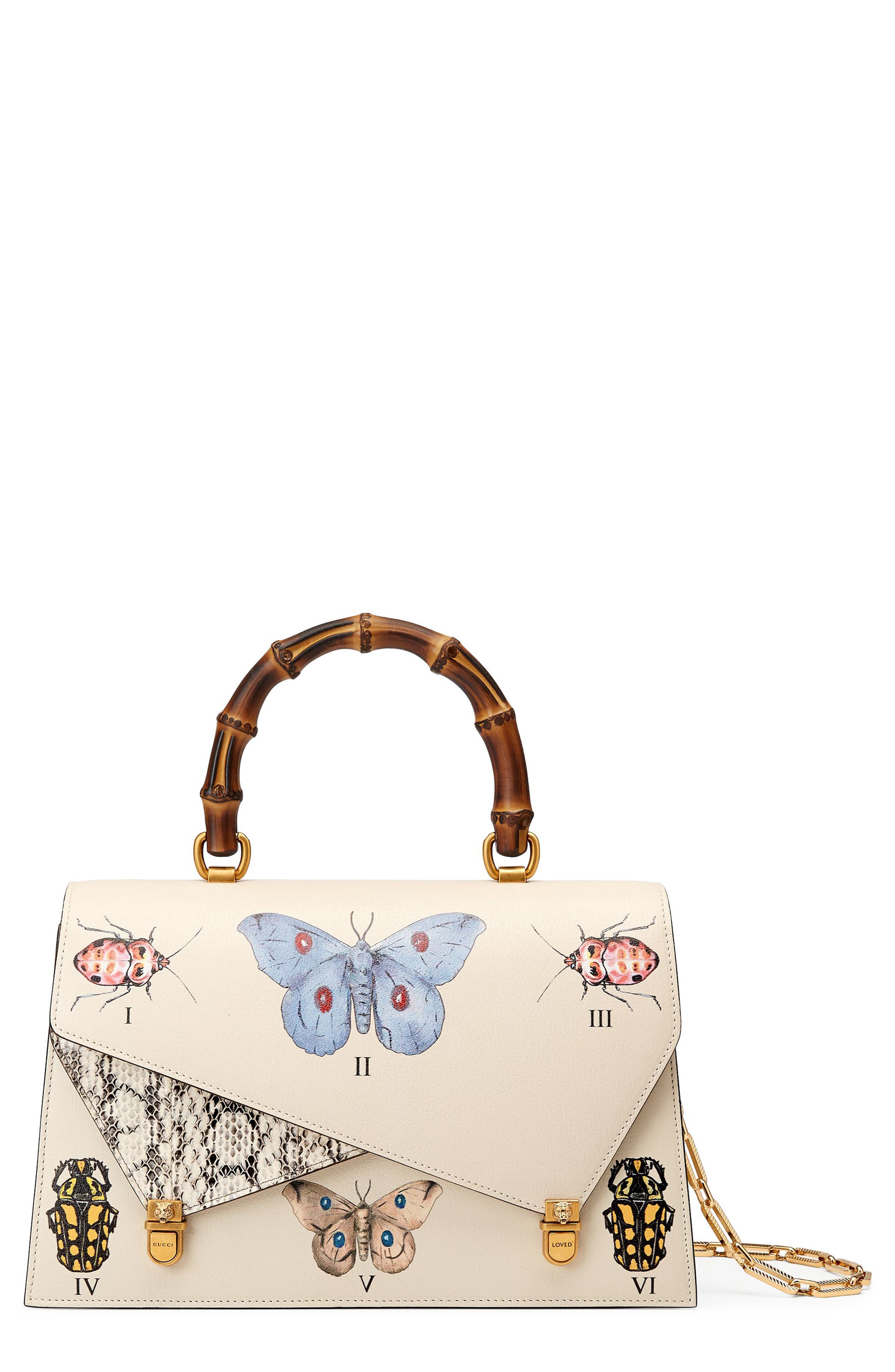 Medium Linea P Butterfly Painted Leather & Genuine Snakeskin Top Handle Satchel, Main, color, WHITE/ MULTI