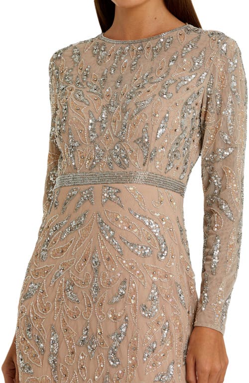 Mac Duggal Beaded Long Sleeve Evening Gown In Mocha