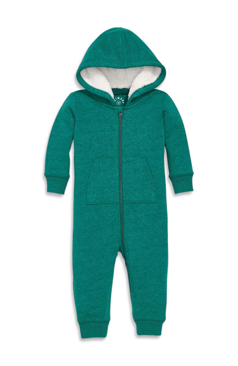 Primary Baby Teddy Fleece-Lined Zip Romper, Main, color, Heather Spruce