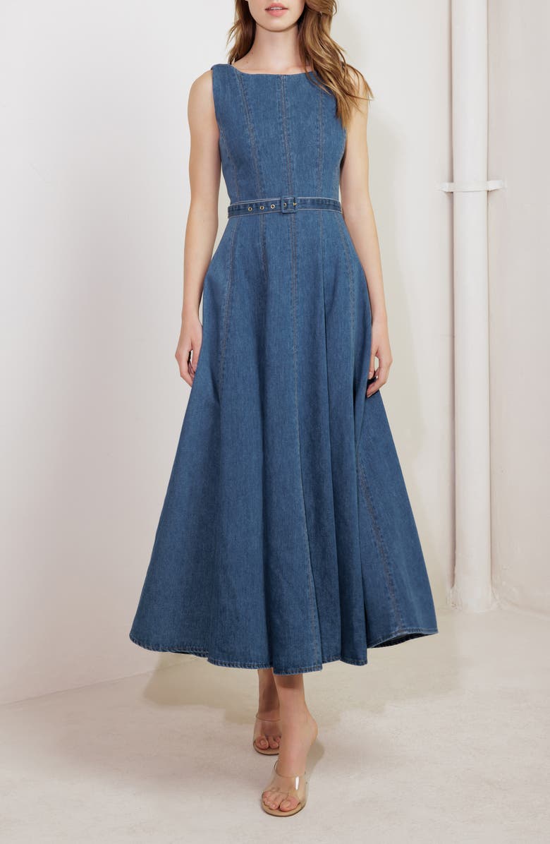 FREEMARKET Belted Seamed Denim Flare Maxi Dress, Alternate, color, 