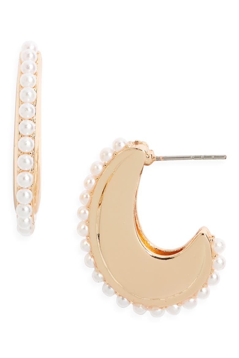 Faux Pearl Hoop Earrings, Main, color, WHITE- GOLD