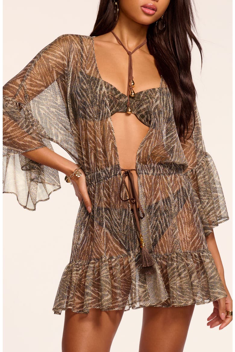 Keira Metallic Long Sleeve Cover-Up Minidress, Main, color, BEACH BROWN ZEBRA