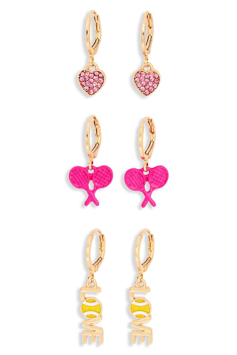Set of 3 Tennis Huggie Hoop Earrings, Main, color, PINK MULTI- GOLD