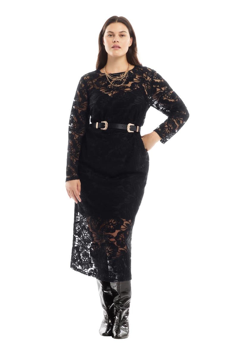 June + Vie Lined Lace Column Midi Dress, Main, color, Black Onyx