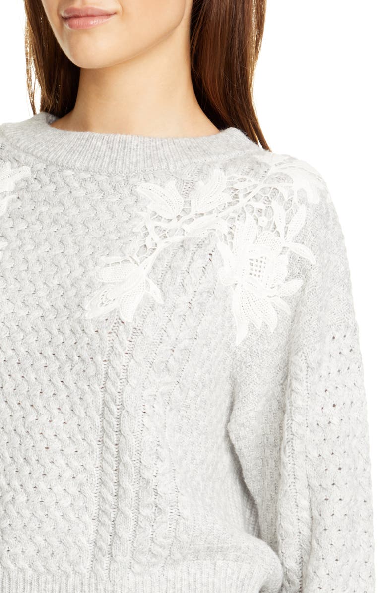 Rebecca Taylor Lace Appliqué Crewneck Sweater, Alternate, color,