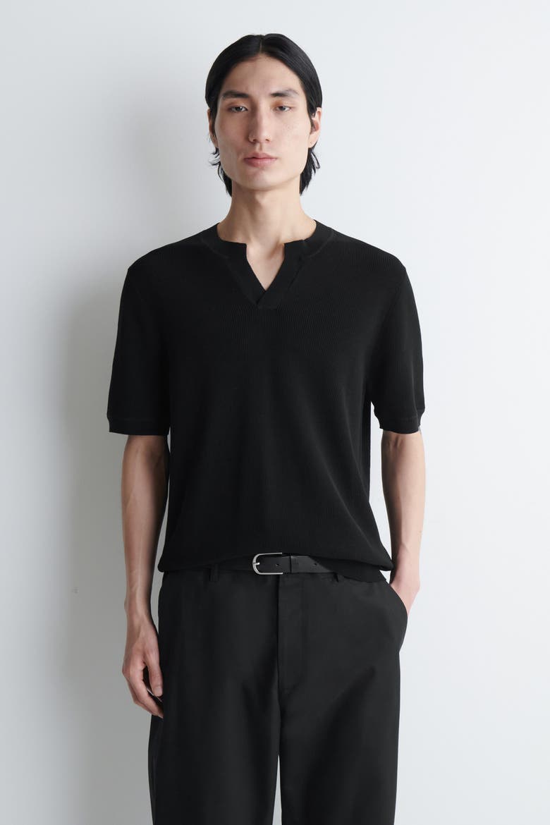 Open-collar Henley T-shirt, Main, color, BLACK