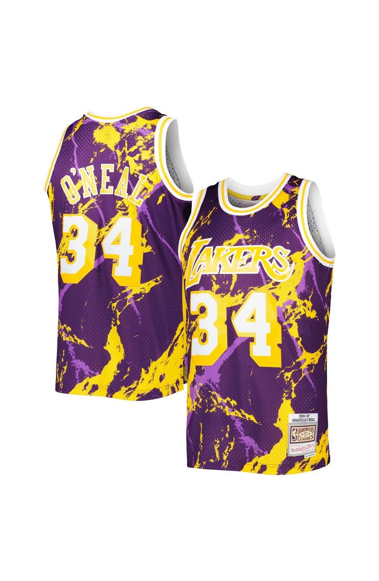 Mitchell & Ness Men's Mitchell & Ness Shaquille O'Neal Purple Los Angeles Lakers 1996/97 Hardwood Classics Marble Swingman Jersey, Main, color, 