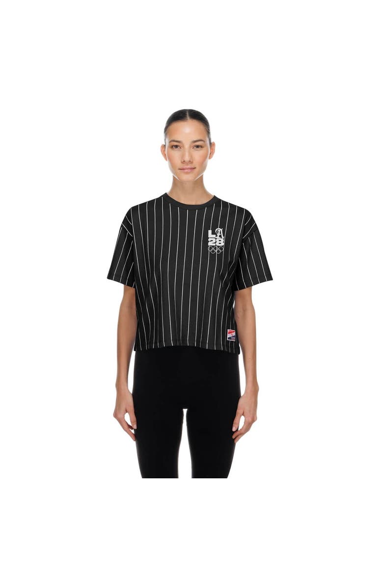 Women's New Era  Black LA 2028 Summer Olympics Mesh Back Pinstripe Boxy T-Shirt, Main, color, Black