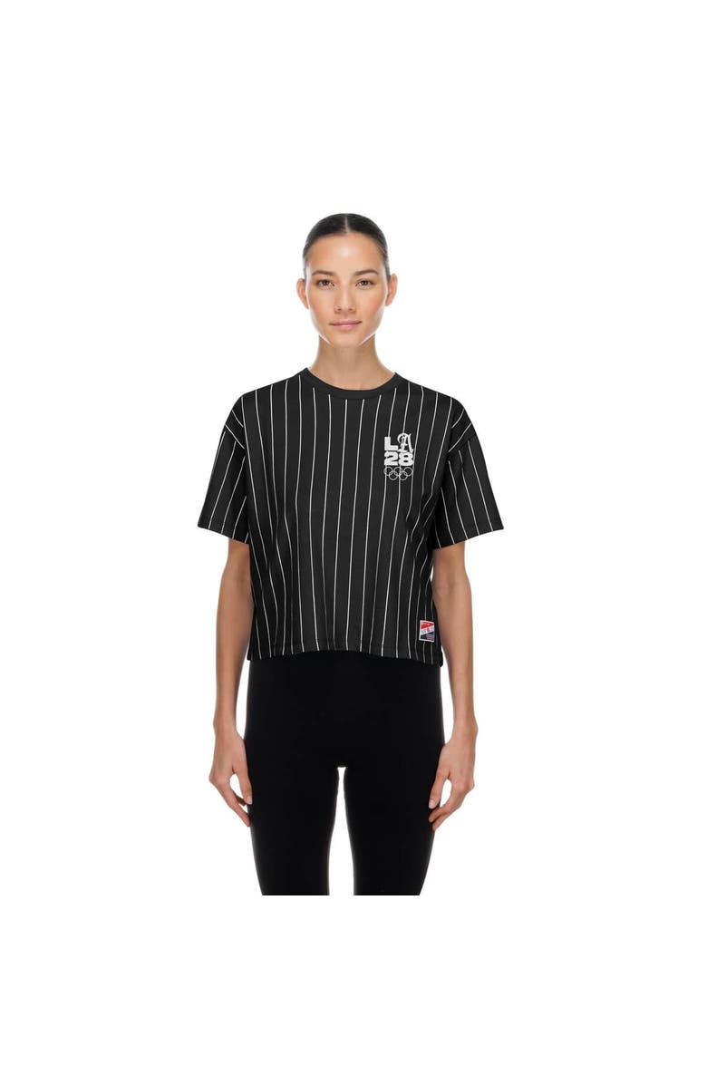 New Era Women's New Era  Black LA 2028 Summer Olympics Mesh Back Pinstripe Boxy T-Shirt, Main, color, Black