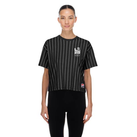 Women's New Era  Black LA 2028 Summer Olympics Mesh Back Pinstripe Boxy T-Shirt