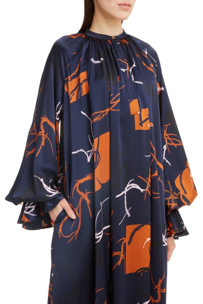Print Long Sleeve Silk Satin Dress, Alternate, color, MIDNIGHT