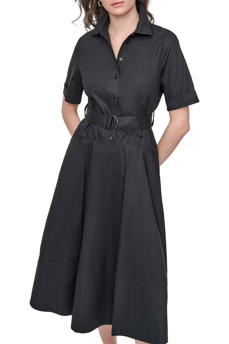 Short Sleeve Drop Waist Cotton Shirtdress, Alternate, color, BLACK