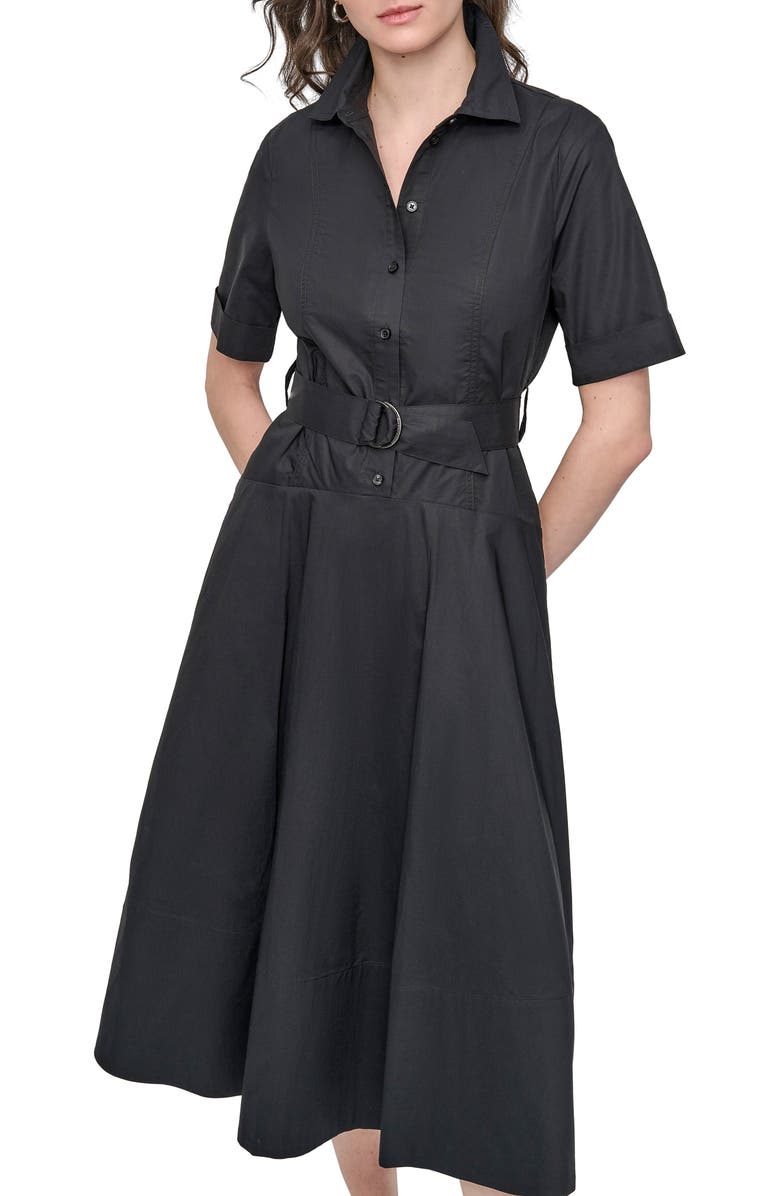 DKNY Jeans Short Sleeve Drop Waist Cotton Shirtdress, Alternate, color, Black