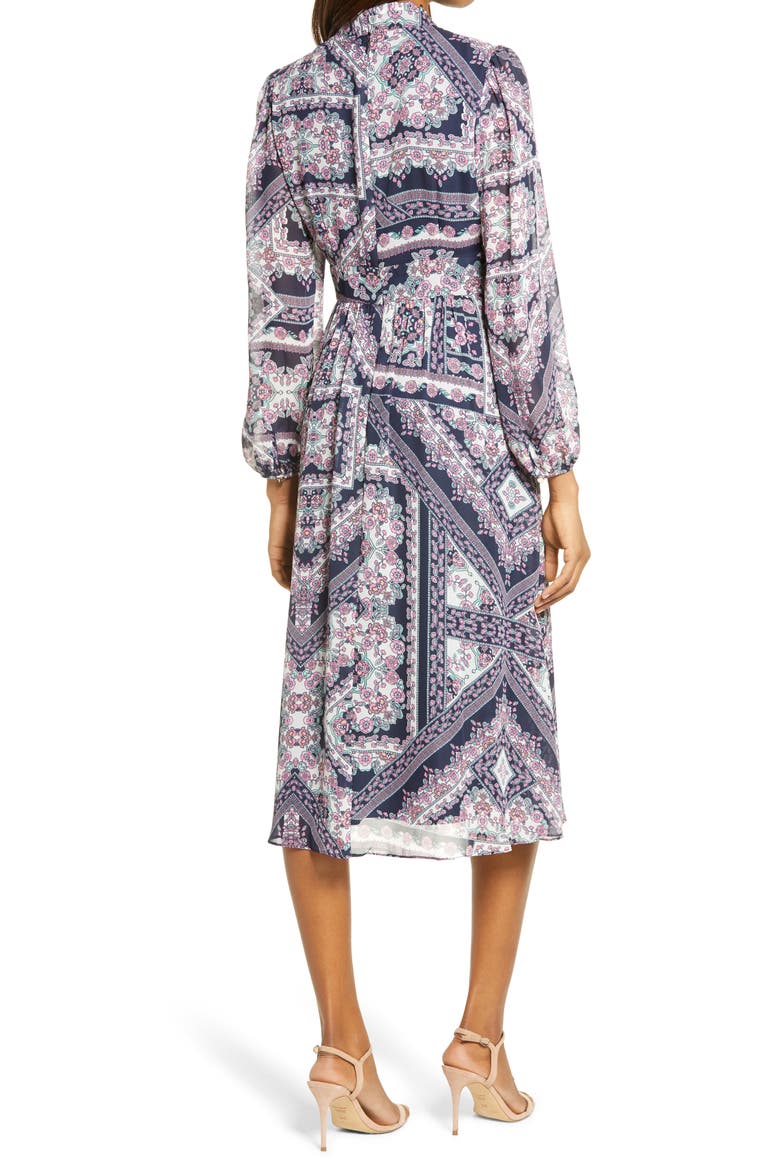 Tile Print Mock Neck Long Sleeve Midi Dress, Alternate, color, NAVY/ PINK