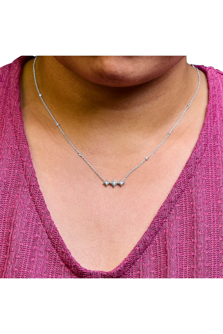 10K White Gold Bezel Set Diamond 3 Stone Kite Shape and Station Necklace, Alternate, color, White