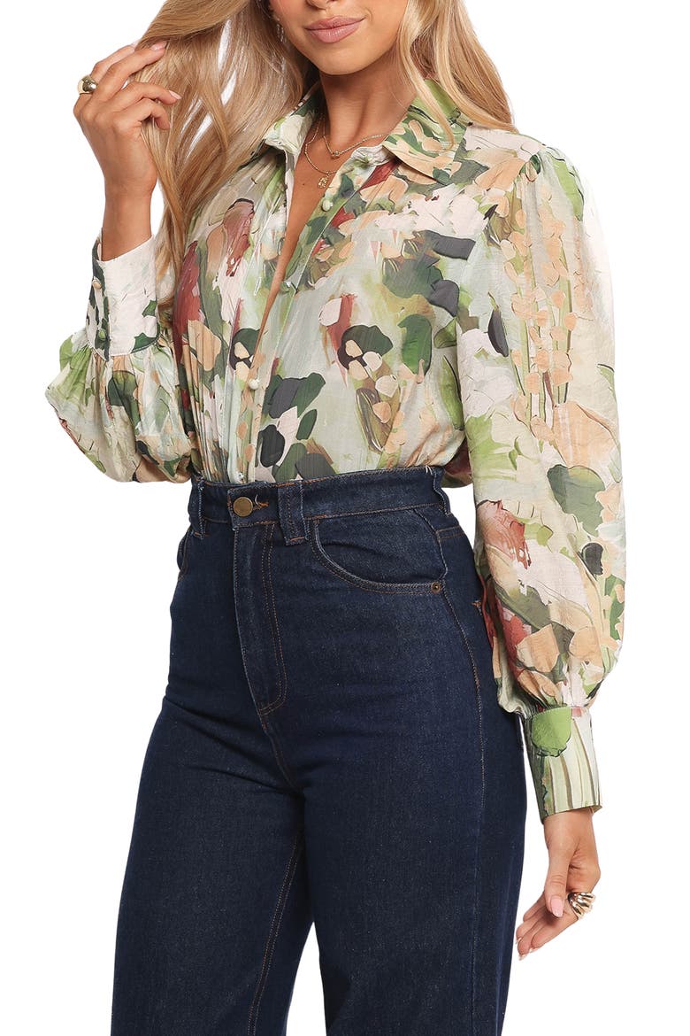 Allise Floral Print Cotton Blend Button-Up Shirt, Alternate, color, GREEN