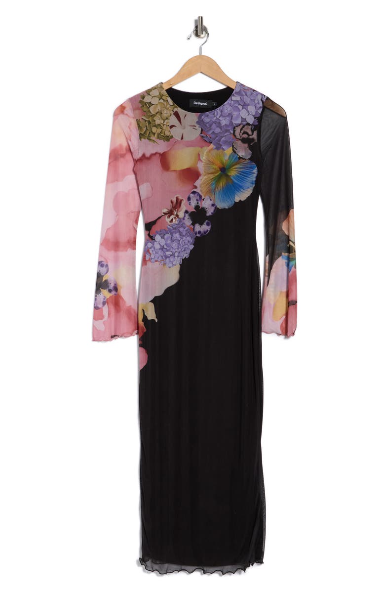 Desigual Print Long Sleeve Maxi Dress, Alternate, color, Black