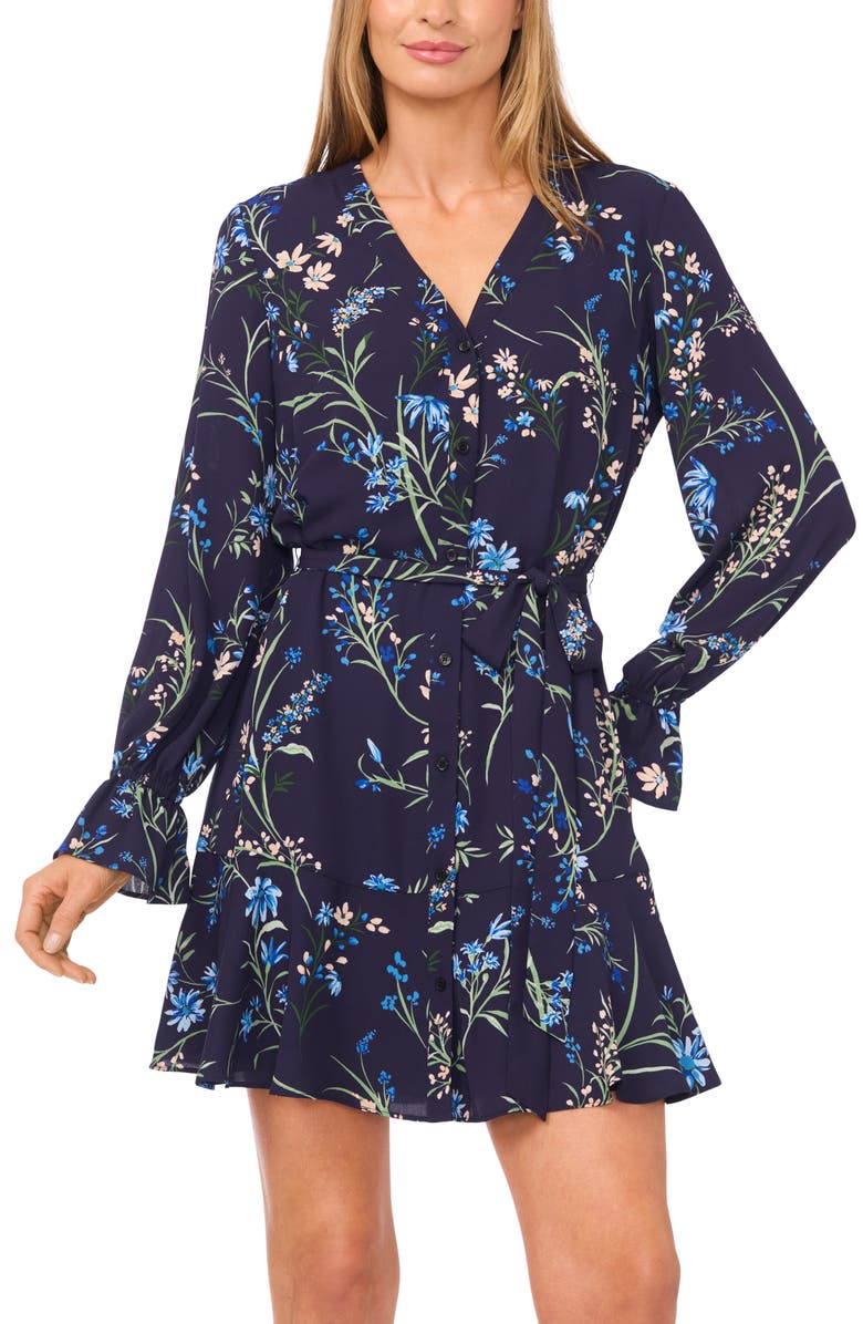 CeCe Floral Long Sleeve Shirtdress, Alternate, color, Classic Navy