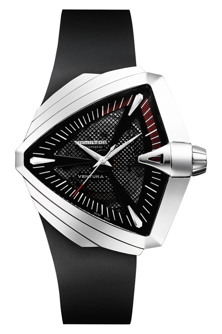 Ventura Automatic Rubber Strap Watch, 45.5mm x 46mm, Main, color, BLACK/ SILVER