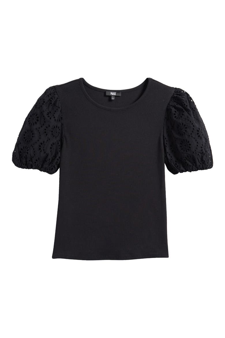 Marina Eyelet Puff Sleeve T-Shirt, Alternate, color, BLACK