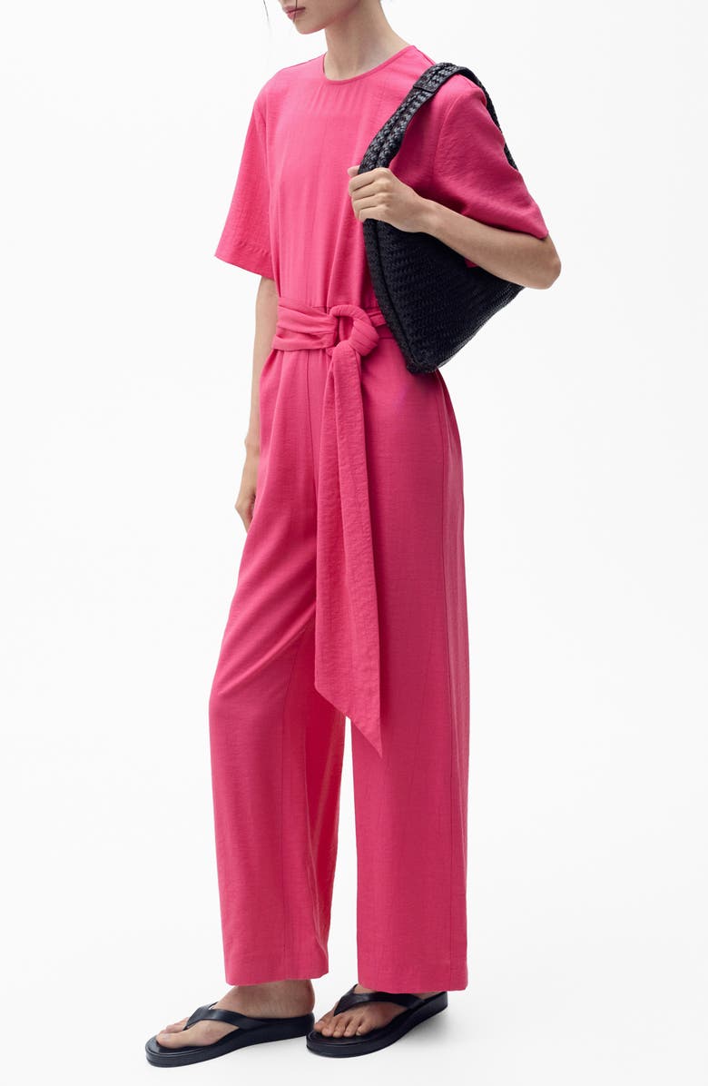 MANGO Belted Wide Leg Jumpsuit, Main, color, Fuchsia