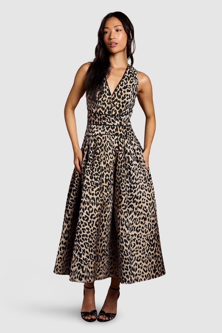 V-Neck Animal Jacquard Midi Dress, Main, color, Animal