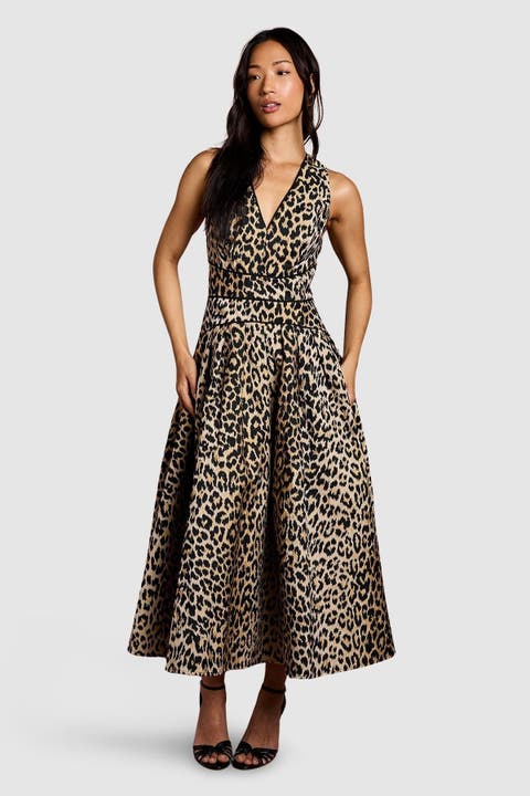 V-Neck Animal Jacquard Midi Dress