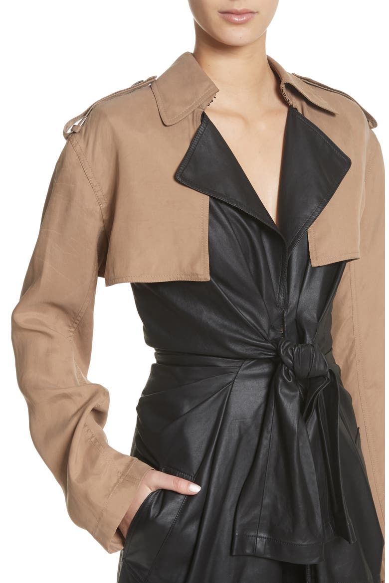 Tie Front Leather & Twill Trench Coat, Alternate, color, BLACK
