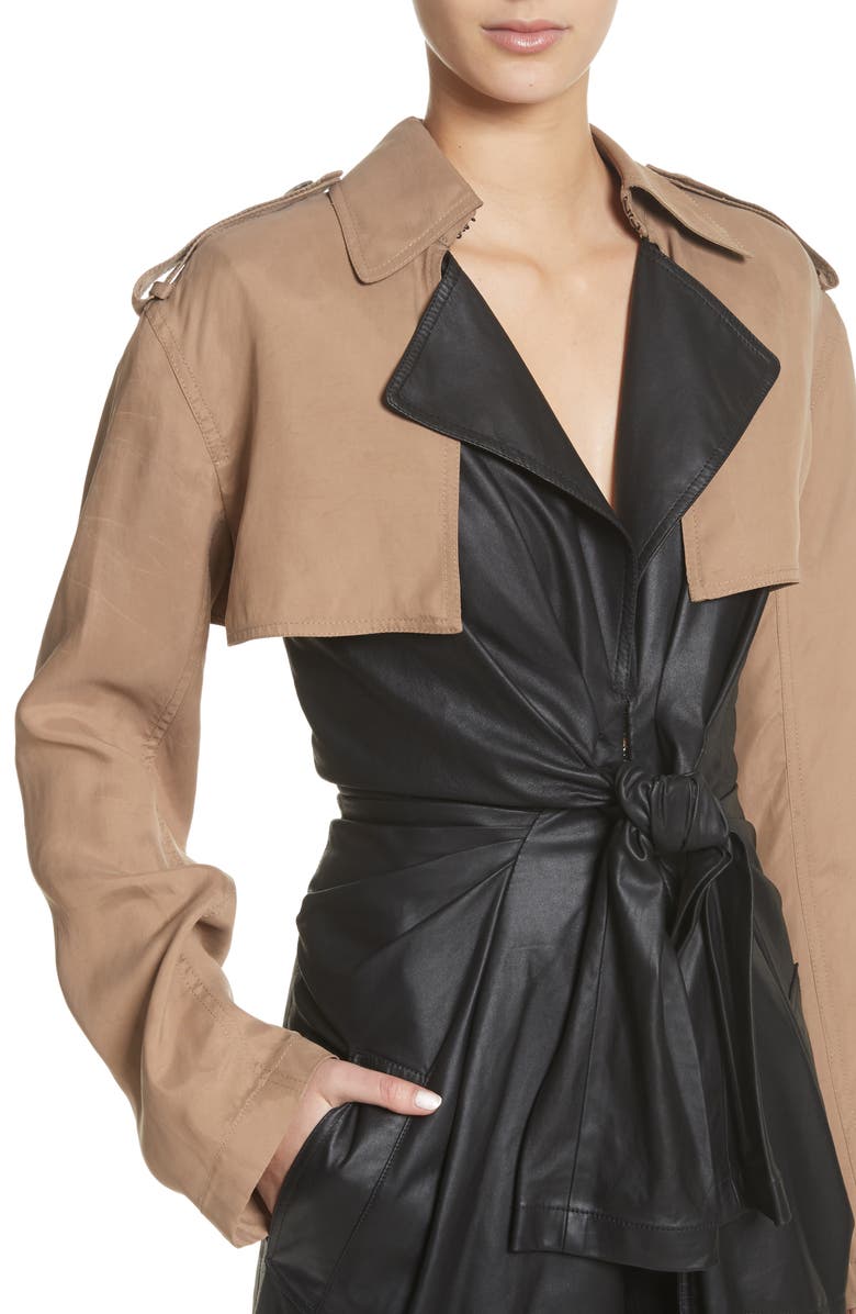 Alexander Wang Tie Front Leather & Twill Trench Coat, Alternate, color, 