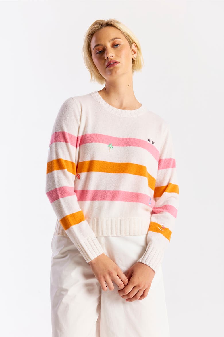 Beach Embroidery 100% Cashmere Sweater, Main, color, Pink & Orange Stripes