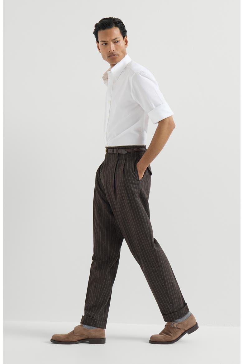 Virgin wool and cashmere chalk stripe trousers with double pleats, Alternate, color, Brown