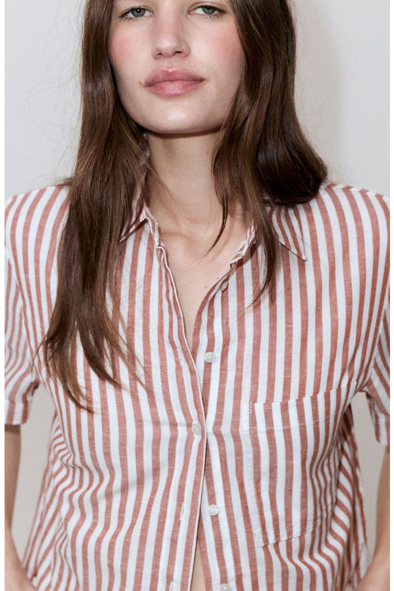 Stripe Short Sleeve Cotton & Linen Button-Up Shirt, Alternate, color, MAROON