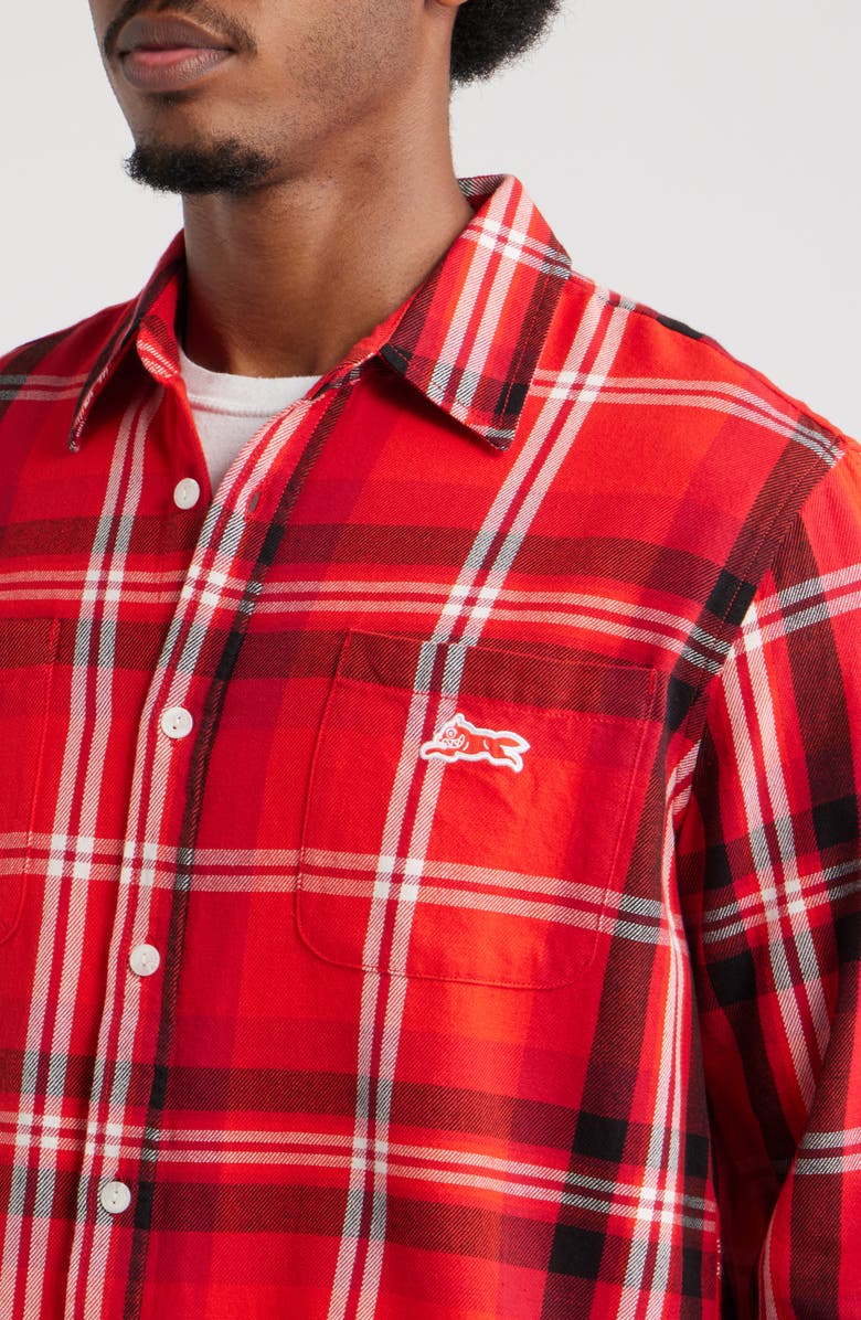 ICECREAM Jack Plaid Cotton Graphic Button-Up Shirt, Alternate, color, Fiery Red