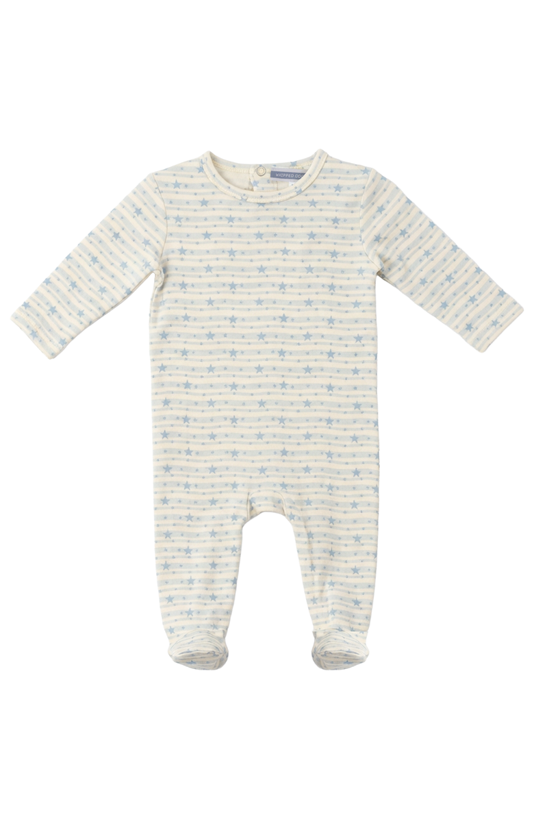 Whipped Cocoa Boy Striped Dotted Heart & Star Back Snap Footed Romper, Main, color, Bluebelle
