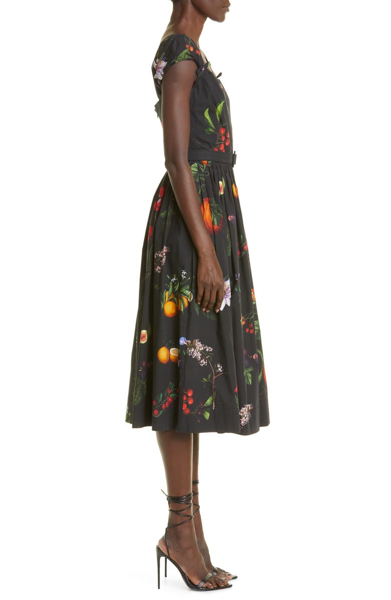 Oscar de la Renta Belted Garden Print Cap Sleeve Stretch Cotton Poplin Midi Dress, Alternate, color, 