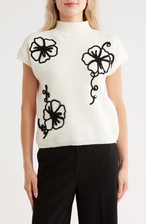 Floral Appliqué Mock Neck Sleeveless Sweater