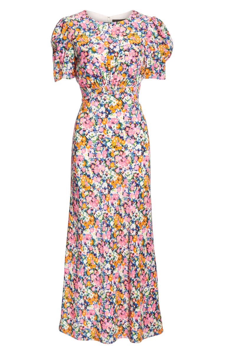 SALONI Bianca Puff Sleeve Silk Midi Dress, Alternate, color, Pink Rosette