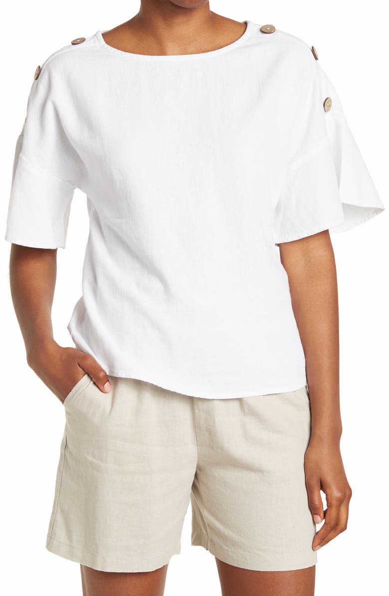 Ellen Tracy Round Neck Button Detail Linen Blend Top, Main, color, 