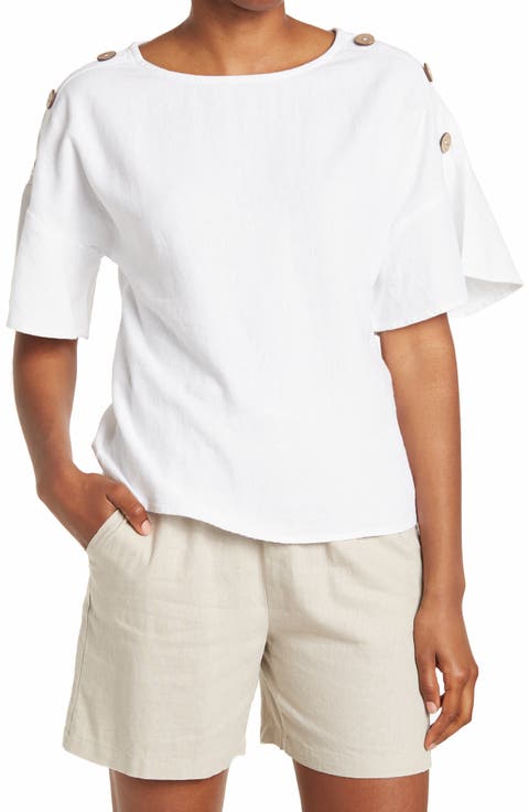 Round Neck Button Detail Linen Blend Top