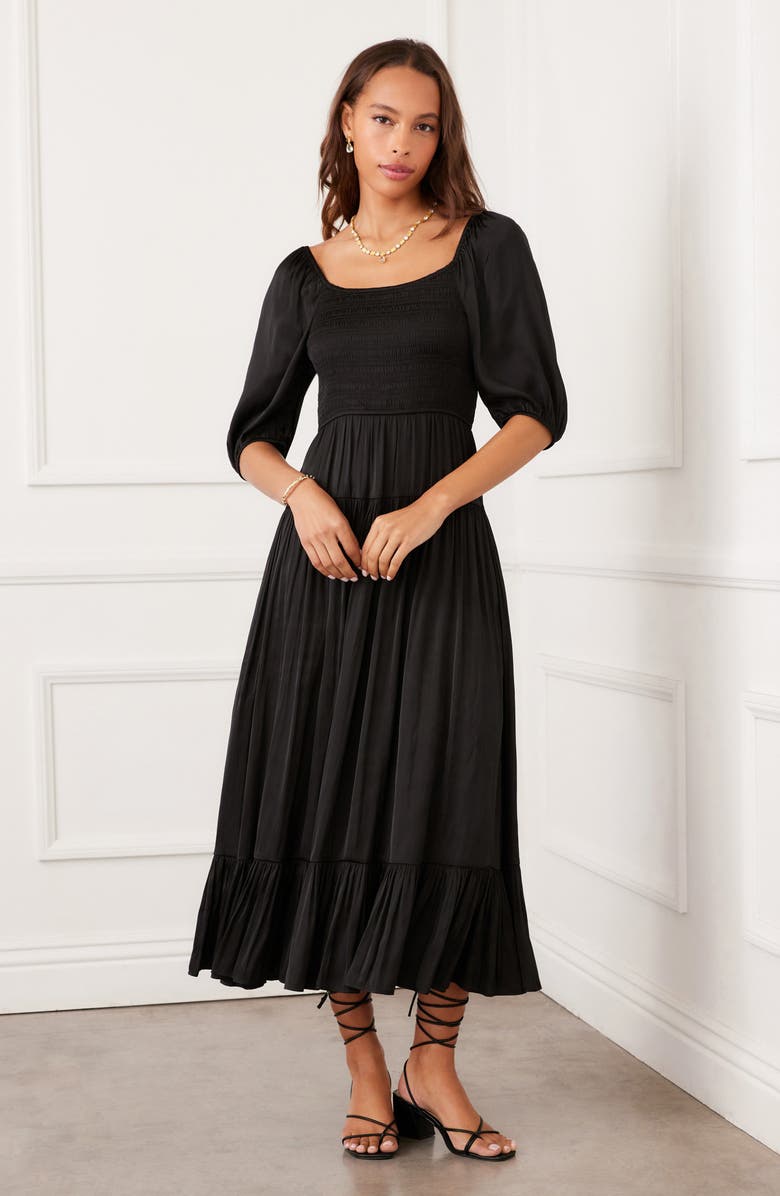 Karen Kane Smocked Puff Sleeve Midi Dress, Alternate, color, Black