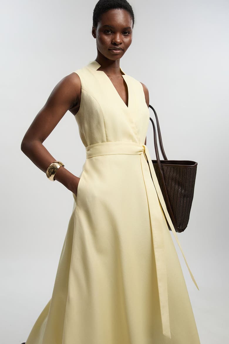 Tailored Linen Wrap Maxi Dress, Alternate, color, Lemon