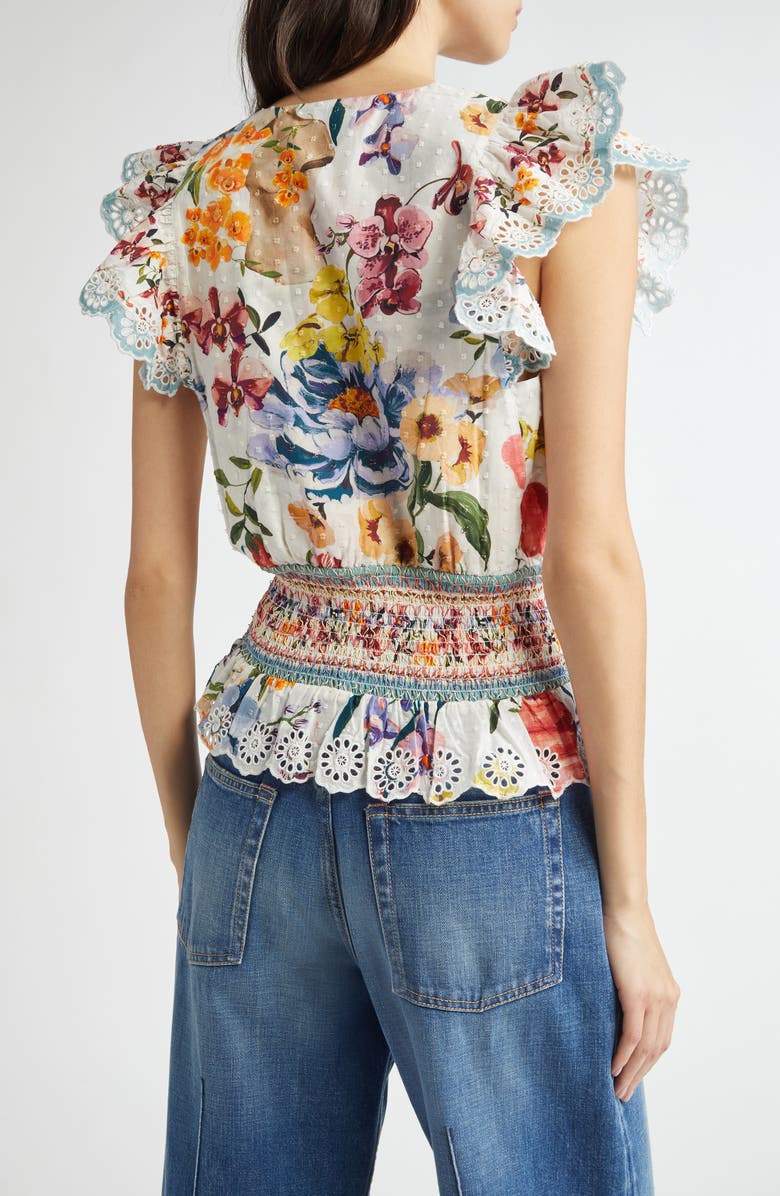 FARM Rio Greek Garden Swiss Dot Flutter Sleeve Plunge Neck Cotton Top, Alternate, color,